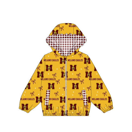 (Custom Design Preorder MOQ 5) Teams Milano Eagles M Bows Stars Print Girls Pockets Zipper Ruffle Hoodie Yoga Jacket Top