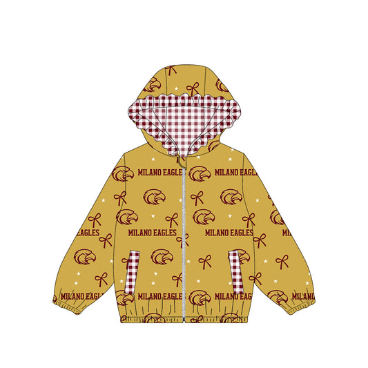 (Custom Design Preorder MOQ 5) Teams Milano Eagles Bows Stars Print Girls Pockets Zipper Ruffle Hoodie Yoga Jacket Top