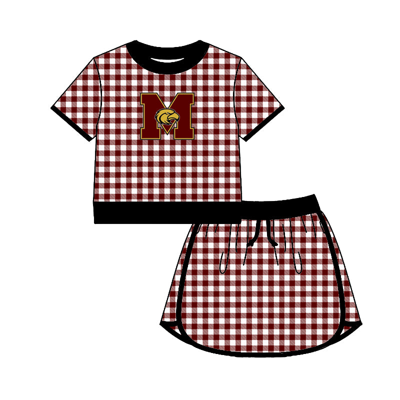 (Custom Design Preorder MOQ 5) Teams Milano Eagles Black Edge Top Wine Checkerd Skort Girls Summer Yoga Clothes Set