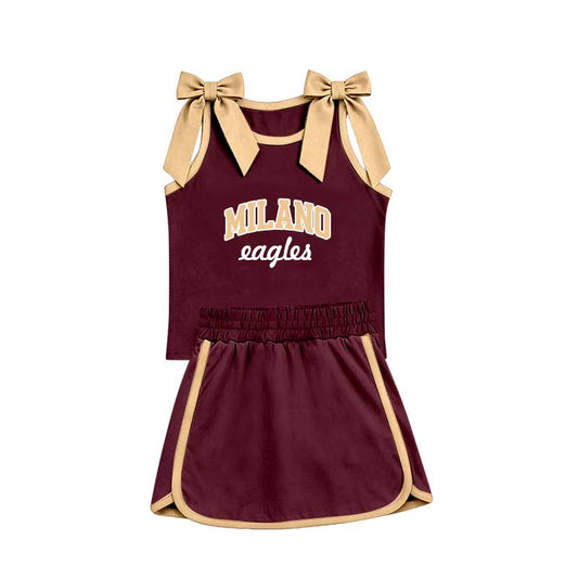 (Custom Design Preorder MOQ 5) Teams Milano Eagles Bows Top Maroon Skort Girls Summer Clothes Set