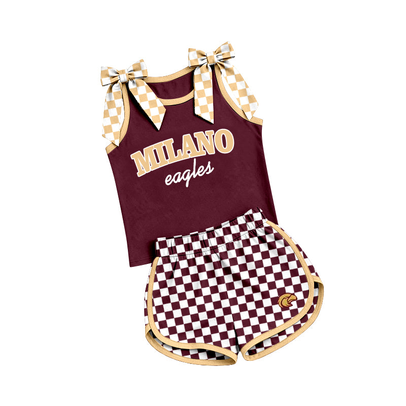 (Custom Design Preorder MOQ 5) Teams Milano Eagles Bows Vest Top Checkerd Shorts Mommy and Me Summer Yoga Clothes Set