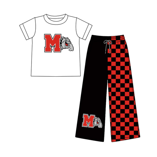 (Custom Design Preorder MOQ 5) Teams Miles Bulldogs White Top Checkered Straight Pants Girls Clothes Set