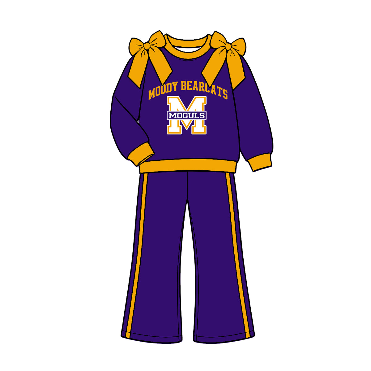 (Custom Design Preorder MOQ 5) Teams Munday Moguls Yellow Bows Top Purple Pockets Pants Girls Clothes Set