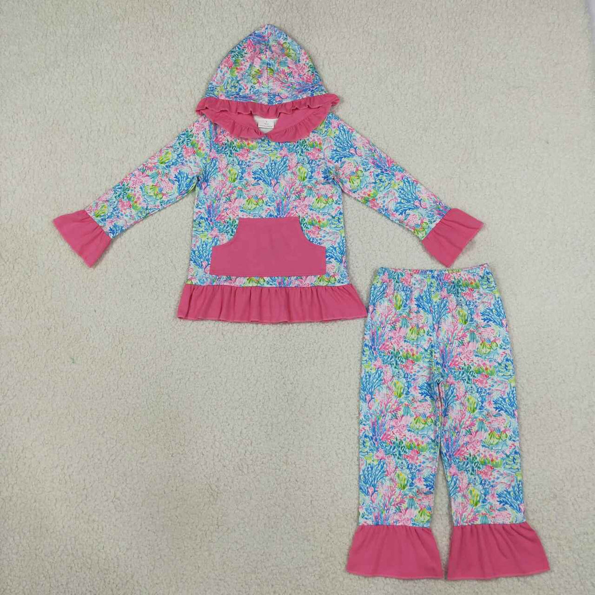 GLP3518 Seaweed Hot Pink Hoodie Top Ruffle Pants Girls Fall Clothes Set