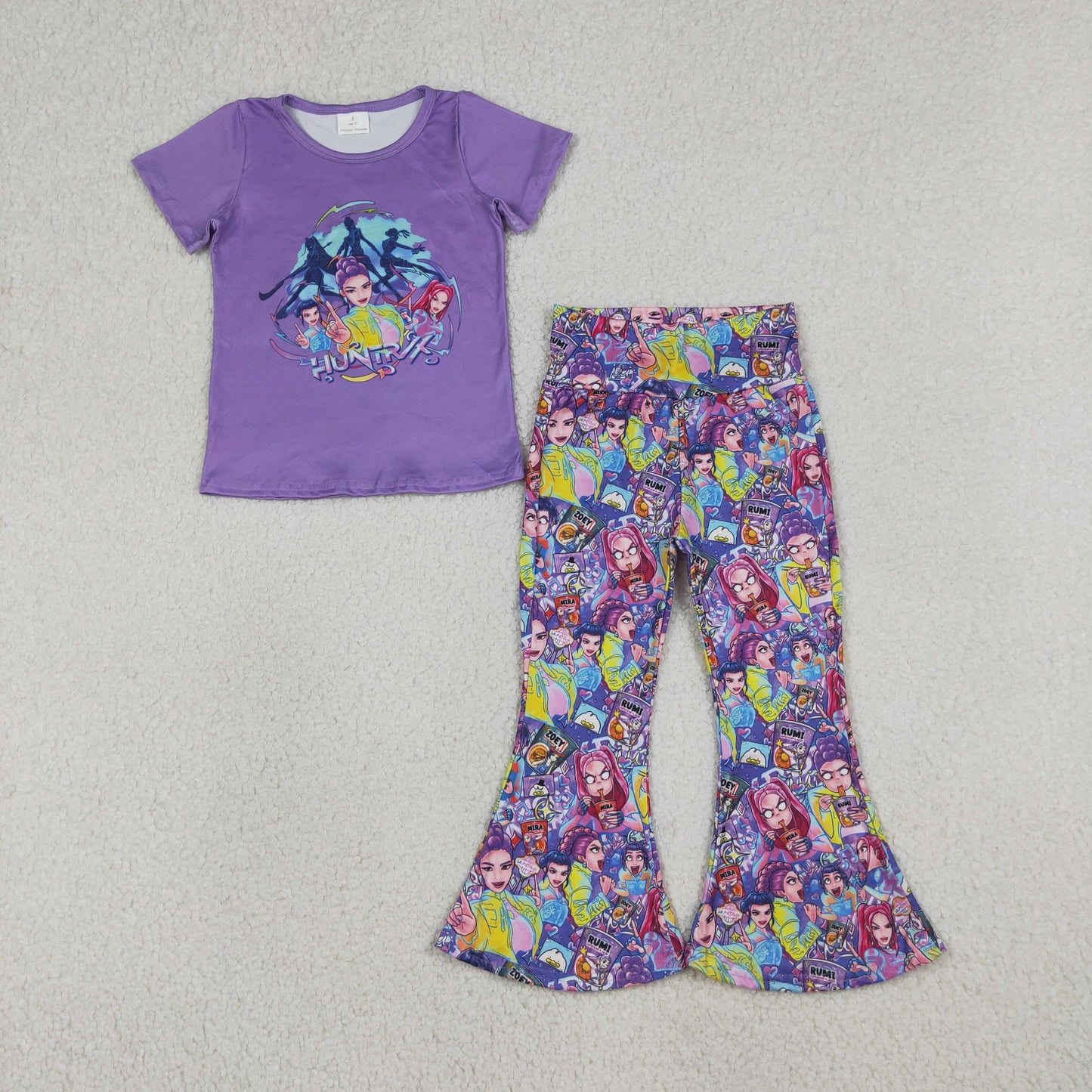 GSPO2272 Girls Cartoon Demon Purple Short Sleeve Top with Bell Bottom pants Outfit