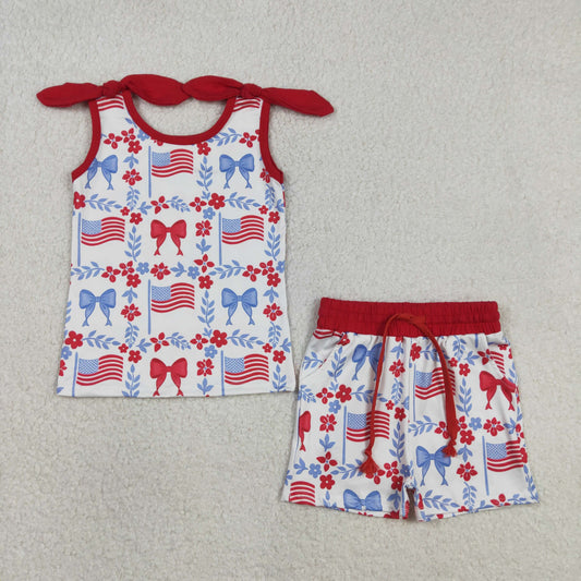 Baby Girls July 4th Red Bow Bow USA Flag Shorts Outfit