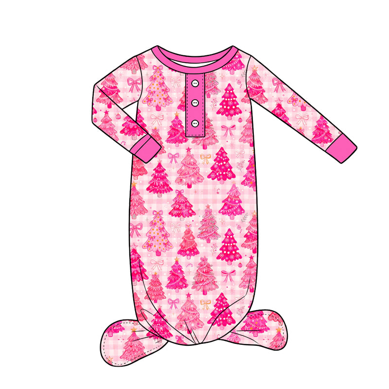 8.19 NB0054 Preorder Tree Pink Bows Checkered Print Baby Girls Christmas Newborn Gown