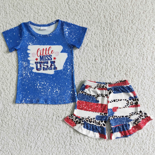 (Promotion)NC0005  Little Miss USA Blue Top Leopard Shorts Girls 4th of July Clothes Set