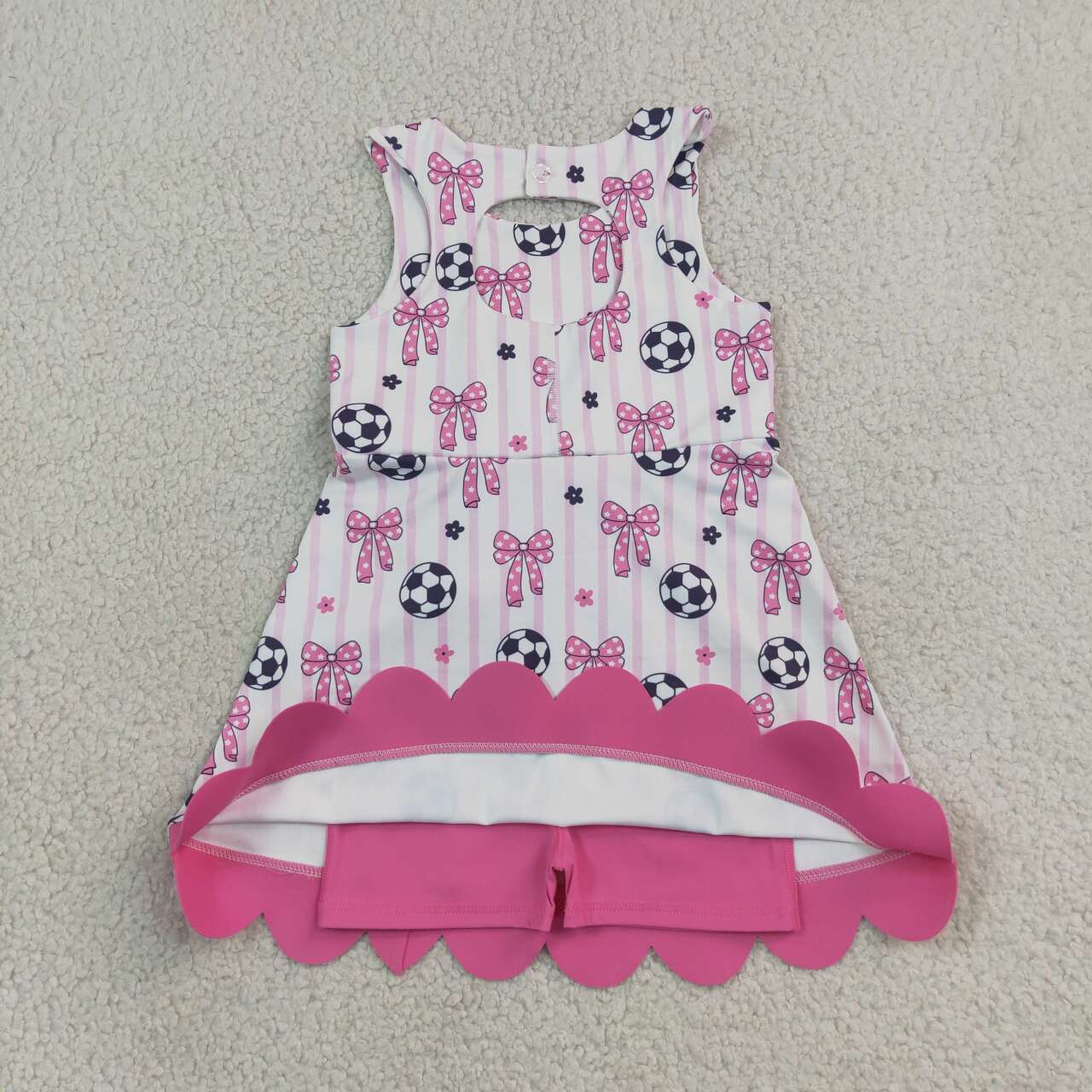 GSD4100 Soccer Pink Bows Stripes Girls Summer Scallop Knee Length Yoga Dress