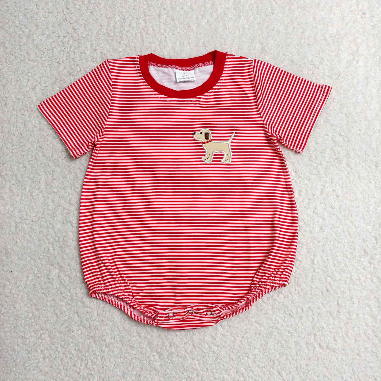 SR2286 Puppy Embroidery Red Stripe Baby Boys Summer Romper