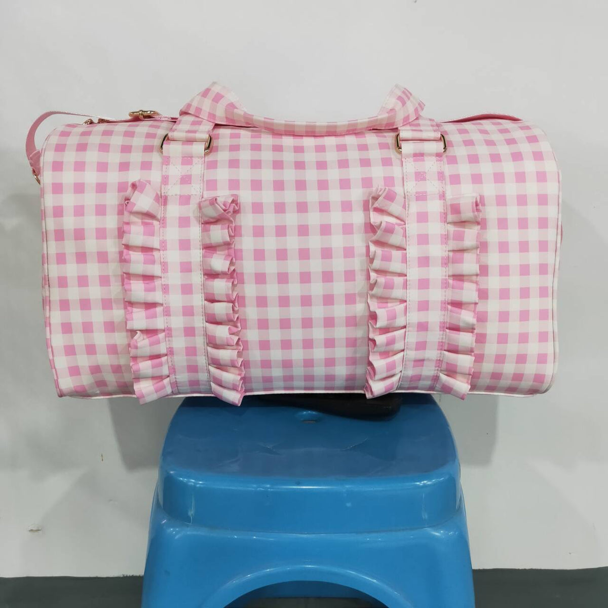 Young Adult Grey Pink Gingham Gym Bags