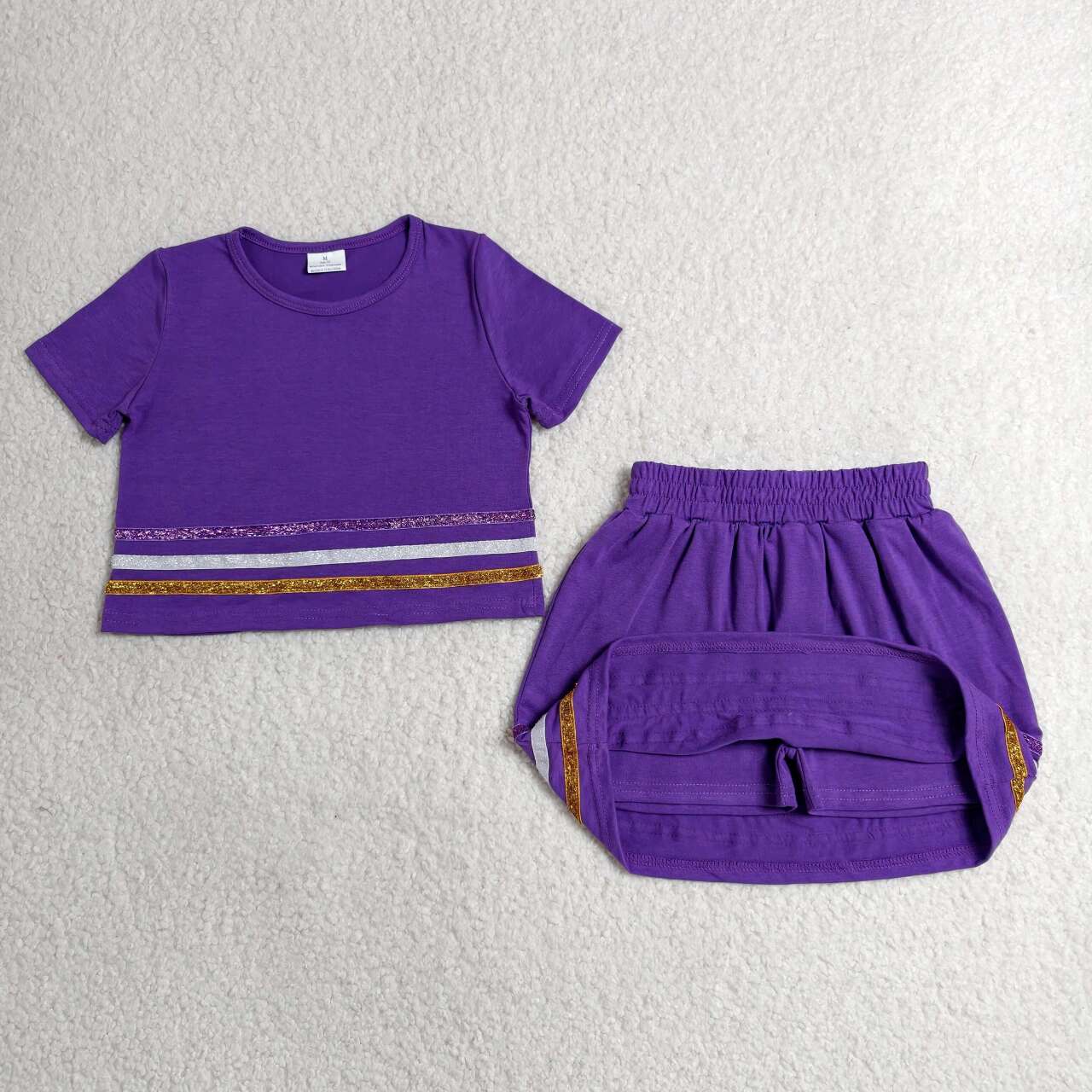GSD3944 Sequin Stripe Purple Cotton Crop Top Skort Girls Summer Clothes Set