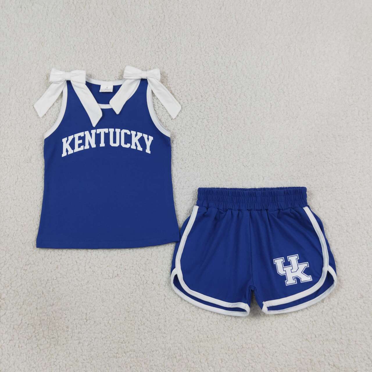 GSSO3830 Teams Kentucky Vinyl Bows Navy Vest Top Pockets Shorts Girls Cotton Clothes Set