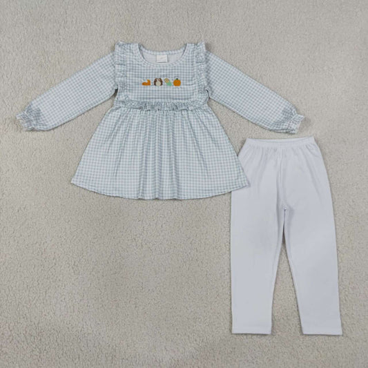 GLP3409 Turkey Pumpkin Embroidery Checkered Tunic Top White Legging Pants Girls Thanksgiving Clothes Set