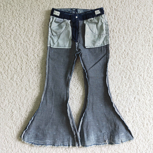 Toddler Girls Acid Wash Denim Bell Bottoms, Frayed Hem Flare Jeans for Kids