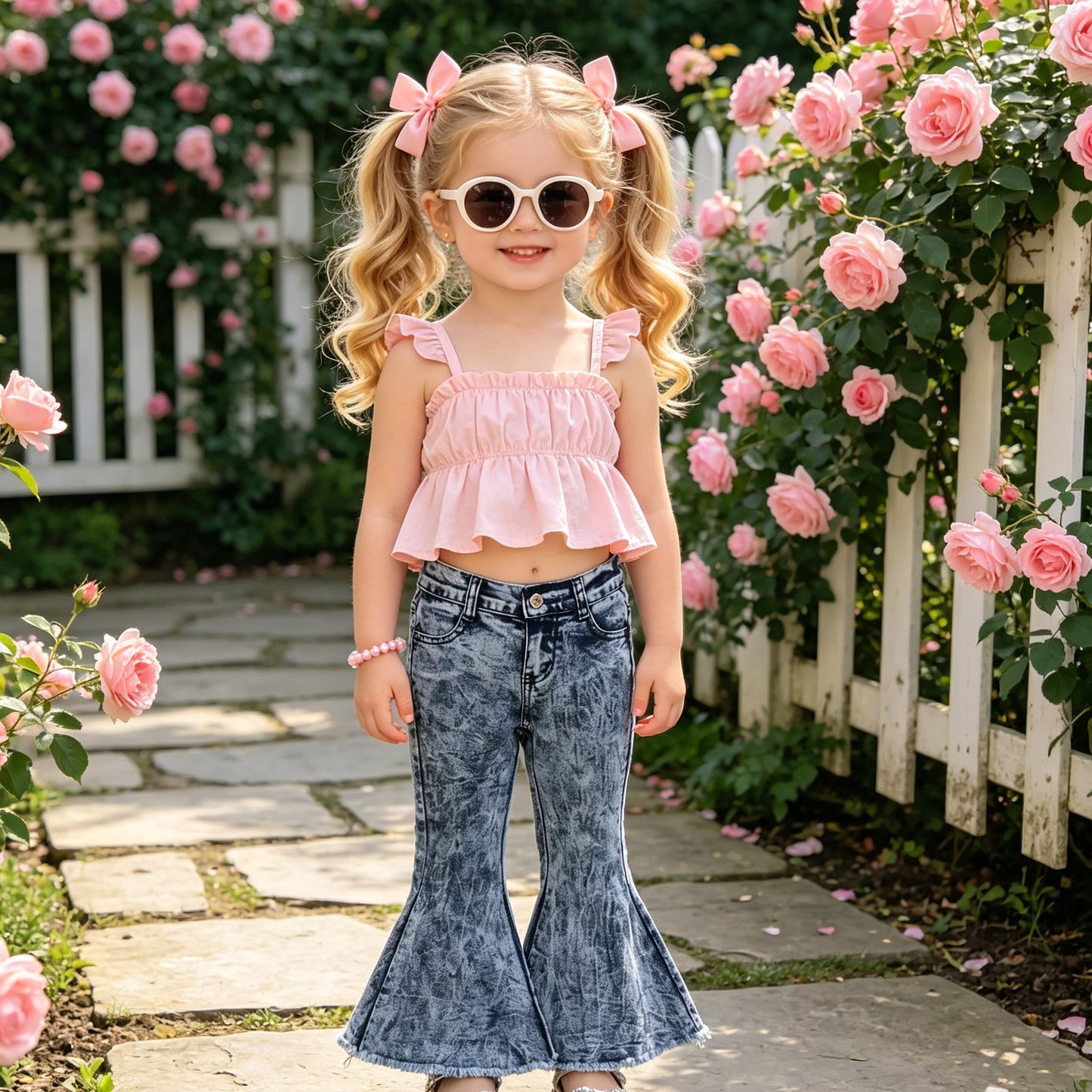 Toddler Girls Acid Wash Denim Bell Bottoms, Frayed Hem Flare Jeans for Kids