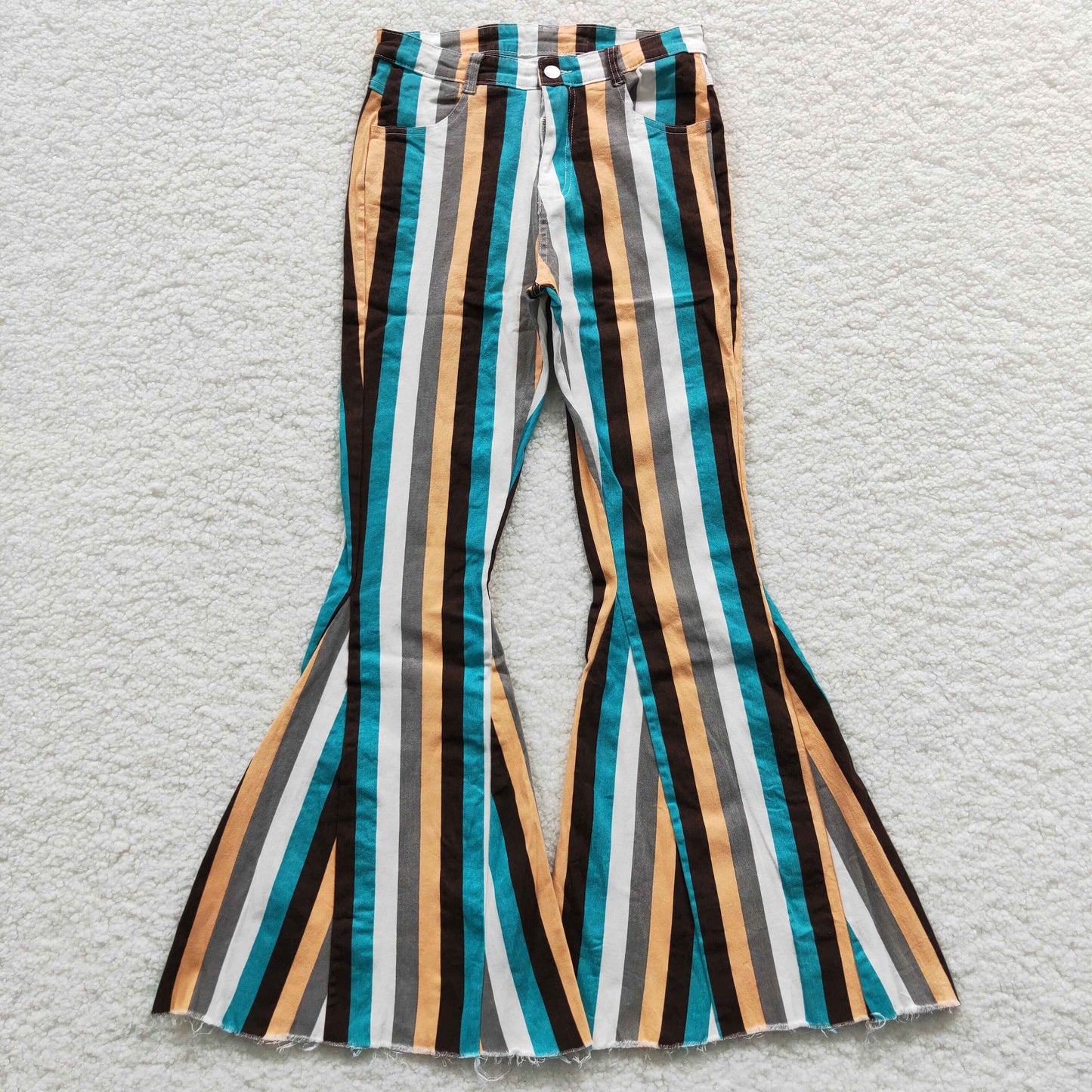 Adult blue stripes denim bell bottom jeans    P0009