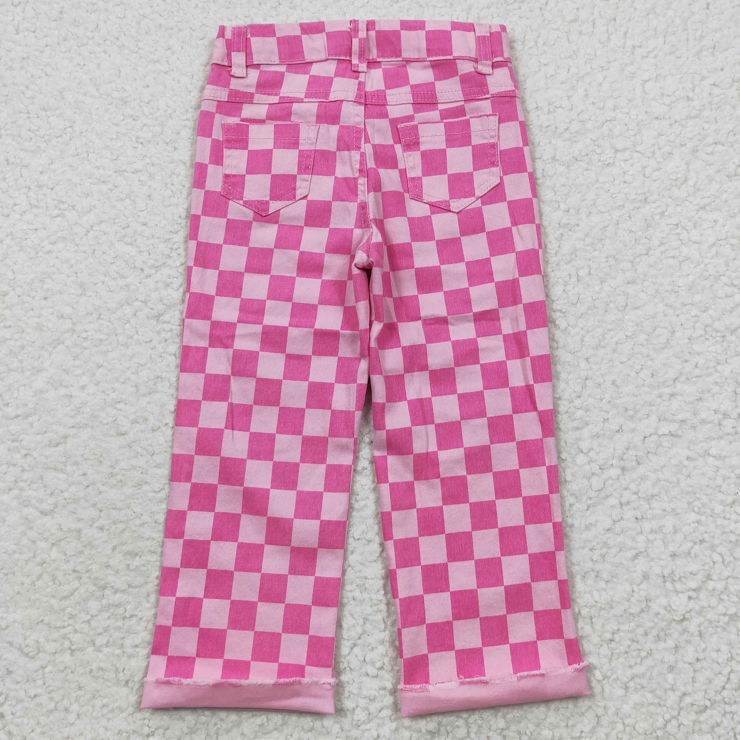 P0096 Pink Plaid Denim Hole Bottoms Jeans Kids Pants