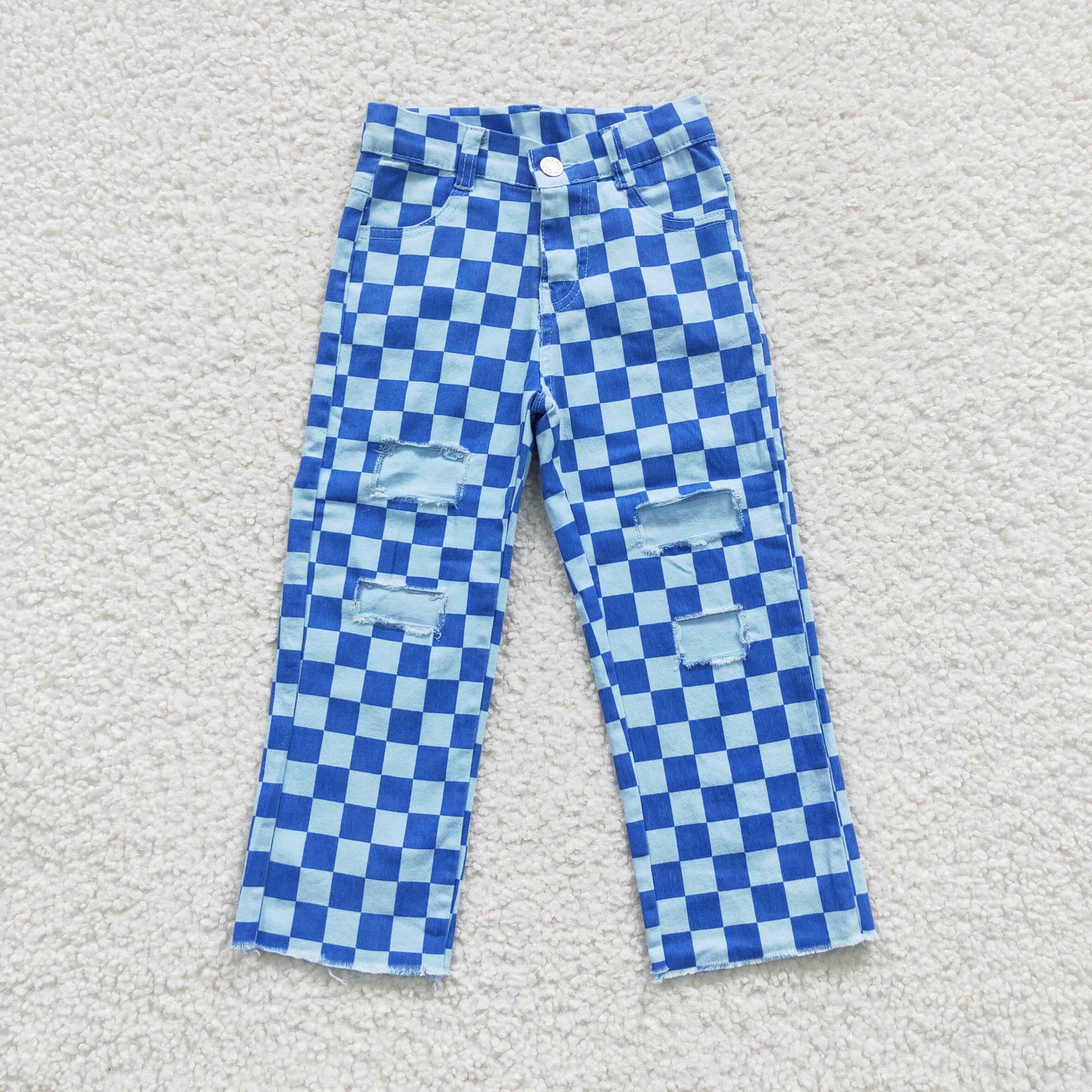 P0097 Blue Plaid Denim Hole Bottoms Jeans Kids Pants