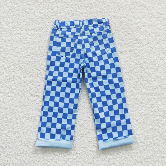 P0097 Blue Plaid Denim Hole Bottoms Jeans Kids Pants