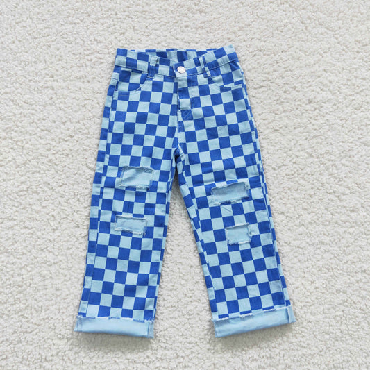 P0097 Blue Plaid Denim Hole Bottoms Jeans Kids Pants