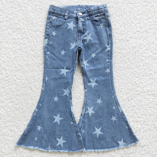 P0108  Stars Blue Denim Bell Bottom Jeans Girls 4th of July Pants