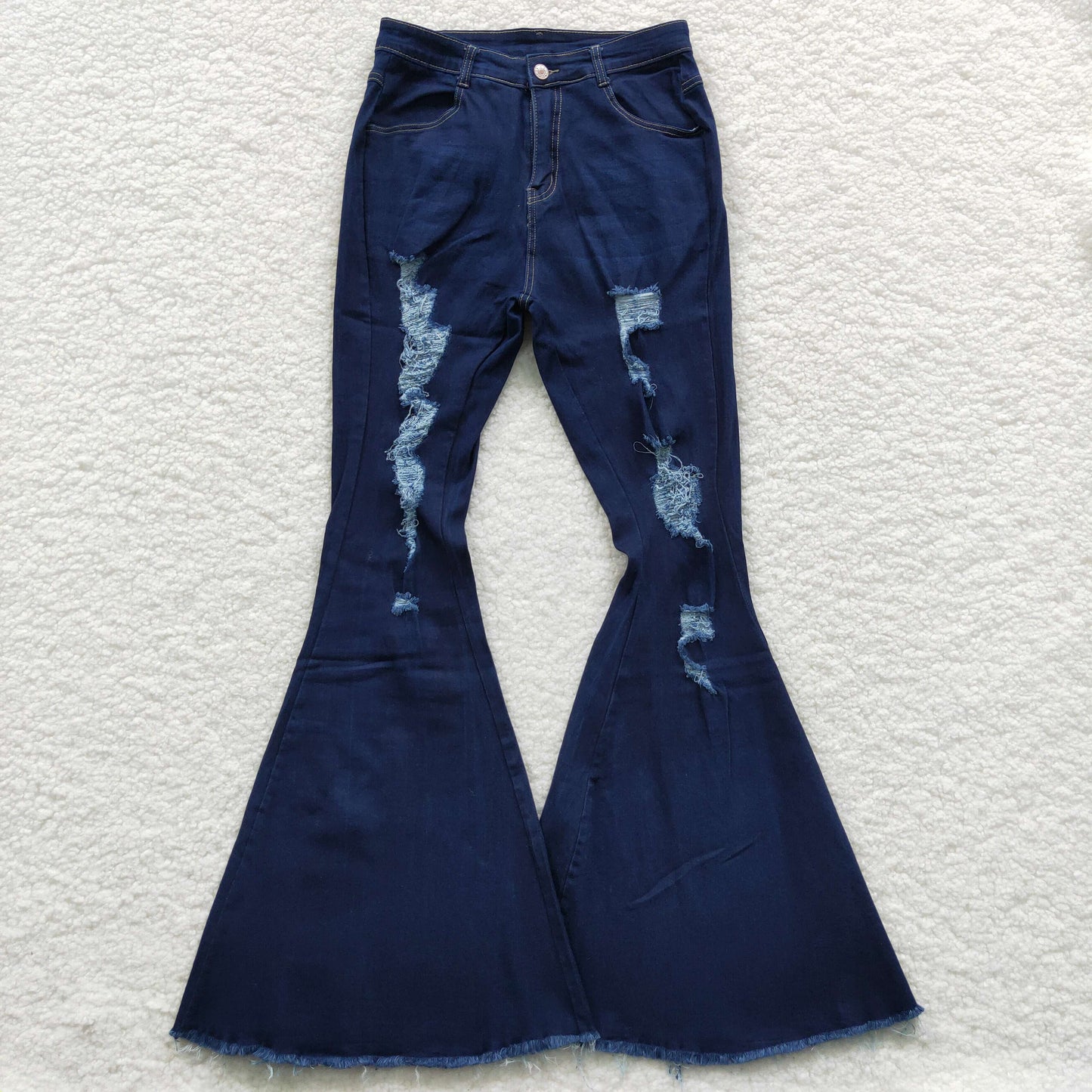 Adult Blue Hole Denim Bell Bottom Jeans Woman Pants   P0118