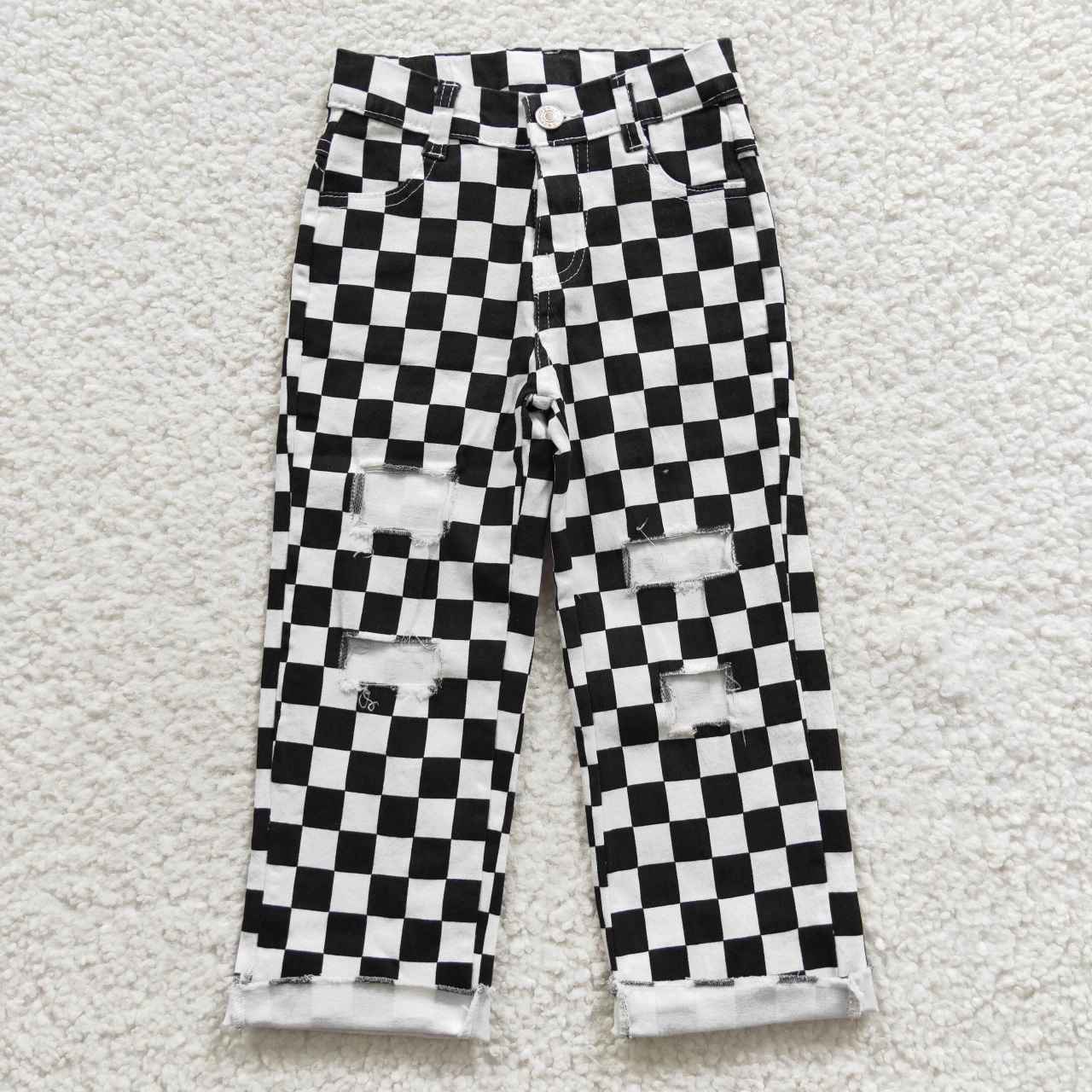 P0122 Black Plaid Denim Hole Jeans Boys Bottom Pants