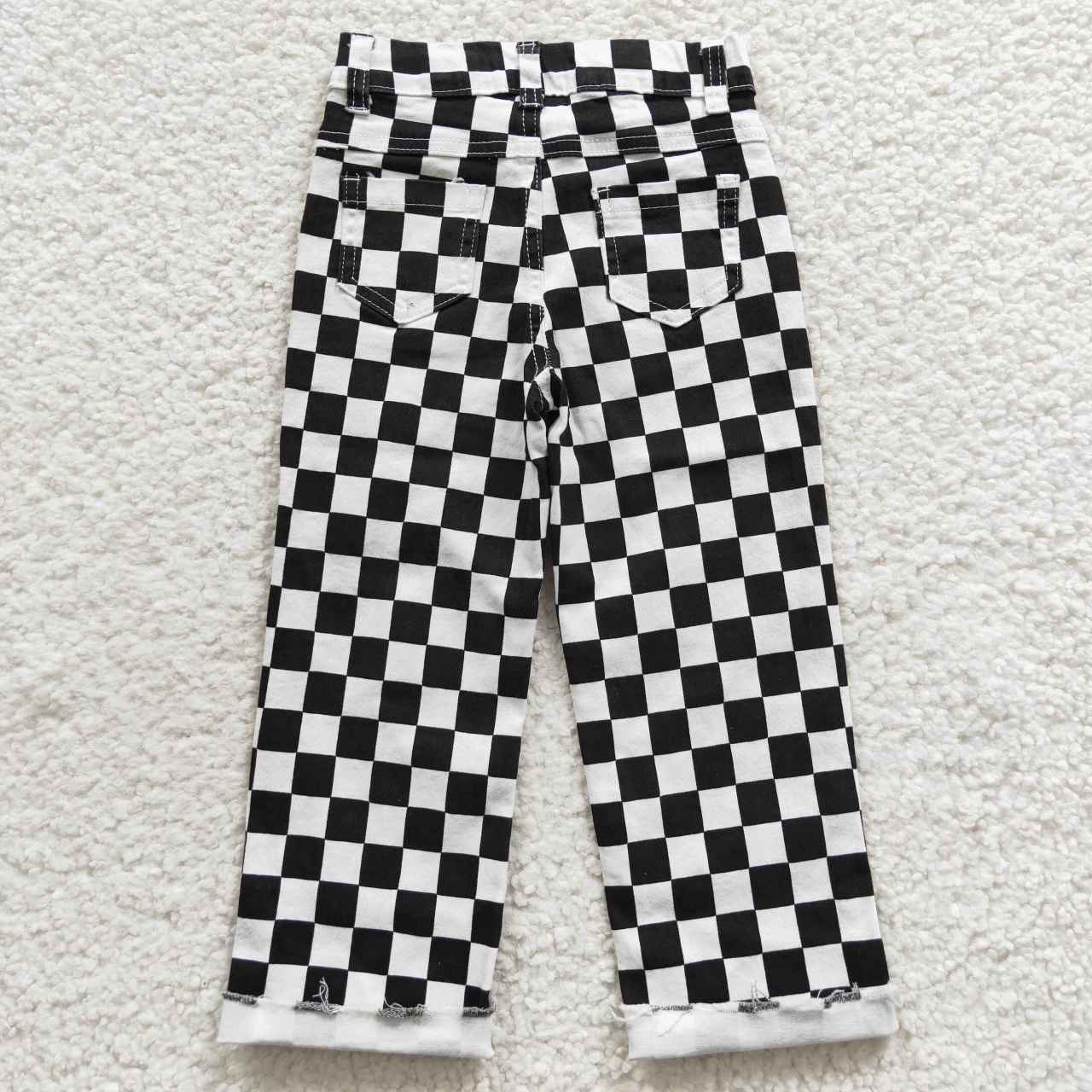 P0122 Black Plaid Denim Hole Jeans Boys Bottom Pants