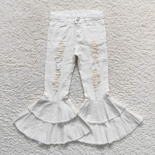 P0129  White Hole Denim Bell Bottom Jeans Girls Pants
