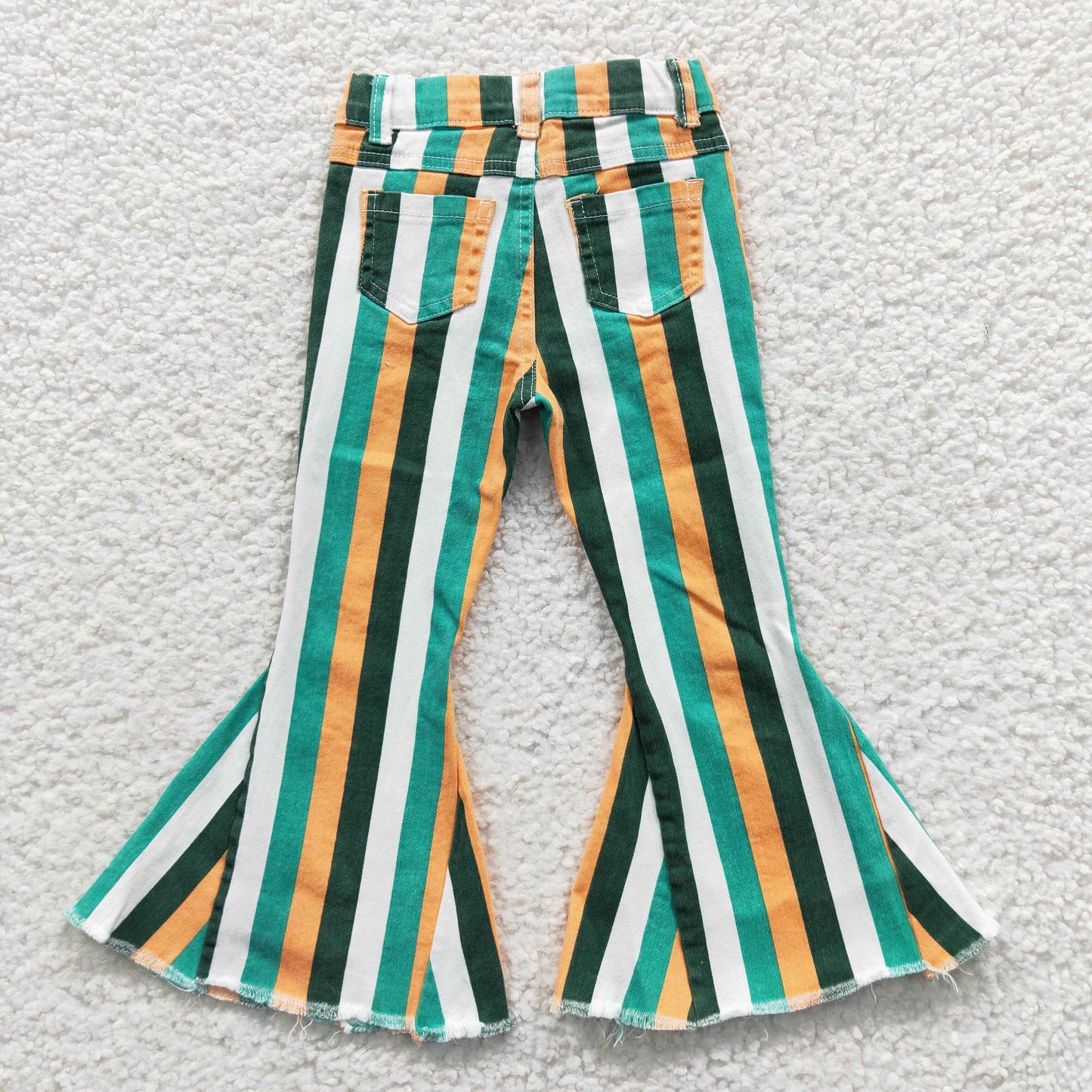 P0131  Green Gold White Stripes Denim Bell Bottom Jeans Girls Pants