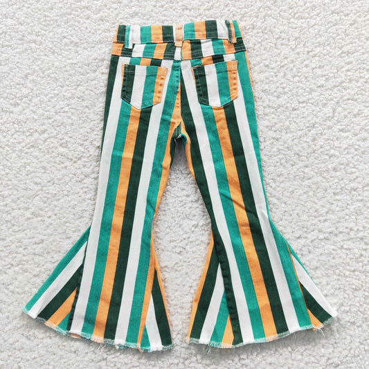 P0131  Green Gold White Stripes Denim Bell Bottom Jeans Girls Pants