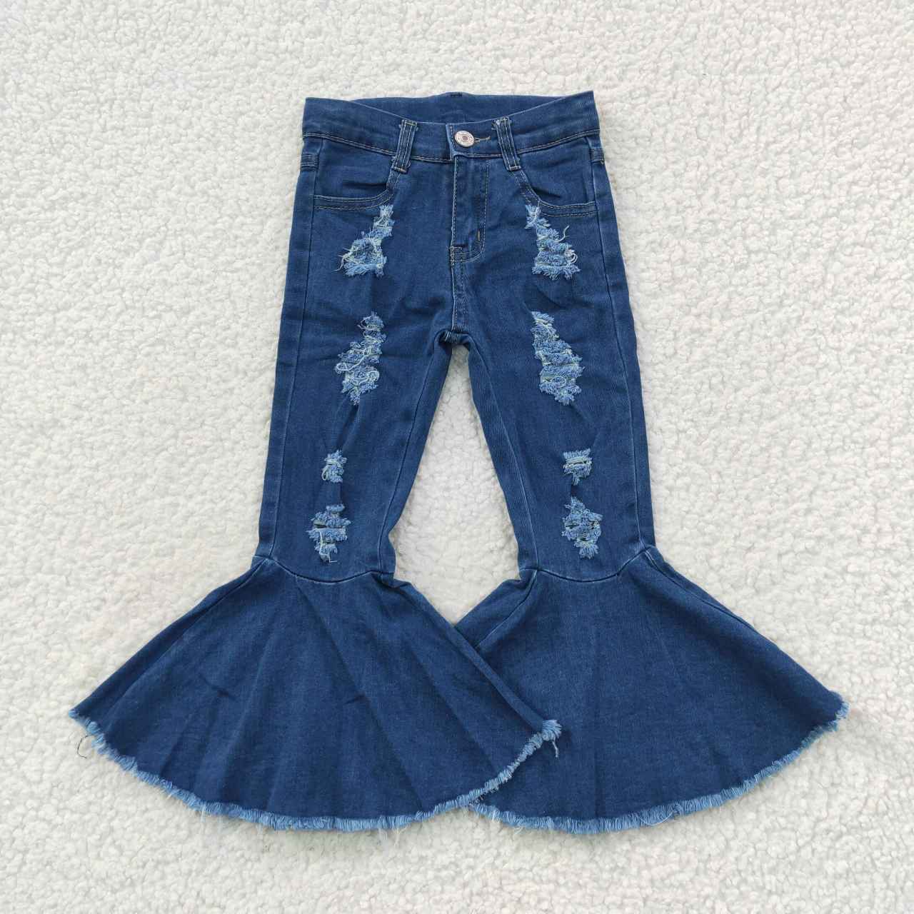 P0133 Blue Hole Denim Bell Bottom Jeans Girls Pants