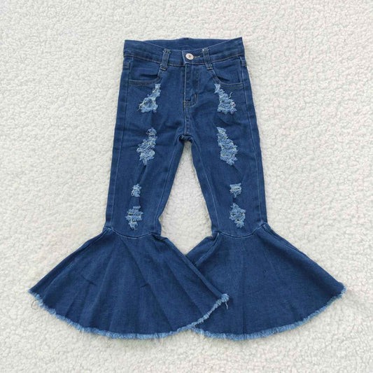 P0133 Blue Hole Denim Bell Bottom Jeans Girls Pants