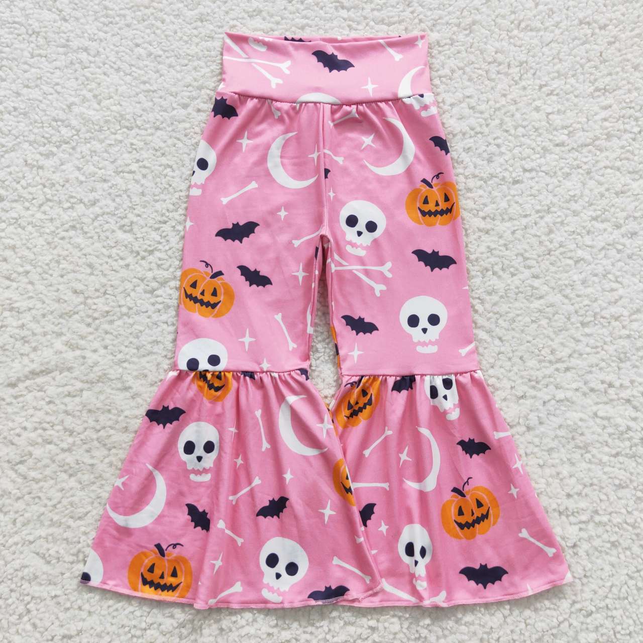 P0218 Skull Pumpkin Pink Baby Girls Halloween Bell Bottom Pants