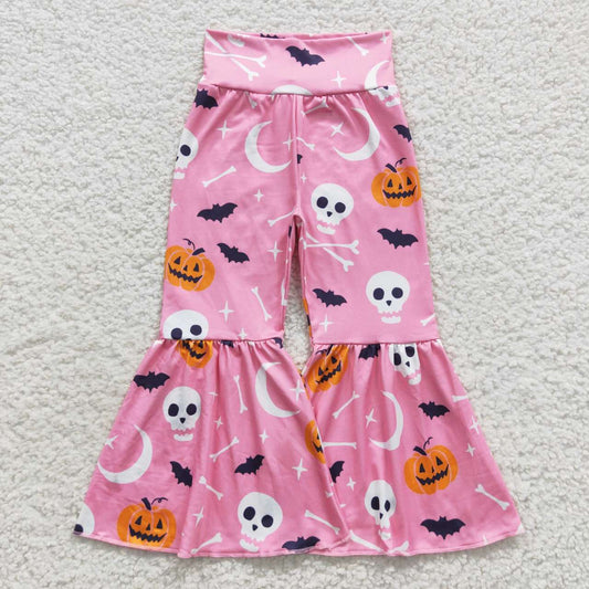 P0218 Skull Pumpkin Pink Baby Girls Halloween Bell Bottom Pants