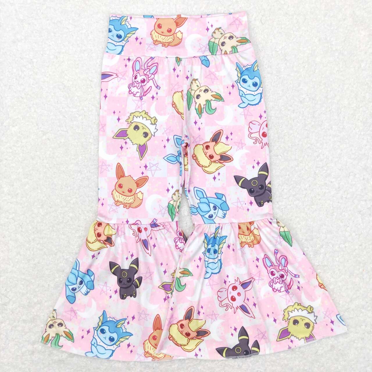 P0384 Cartoon Poke* Animals Pink Plaid Stars Baby Girls Bell Bottom Pants