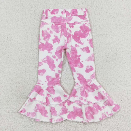 Cow hide pink print denim bell bottom jeans girls western pants P0406