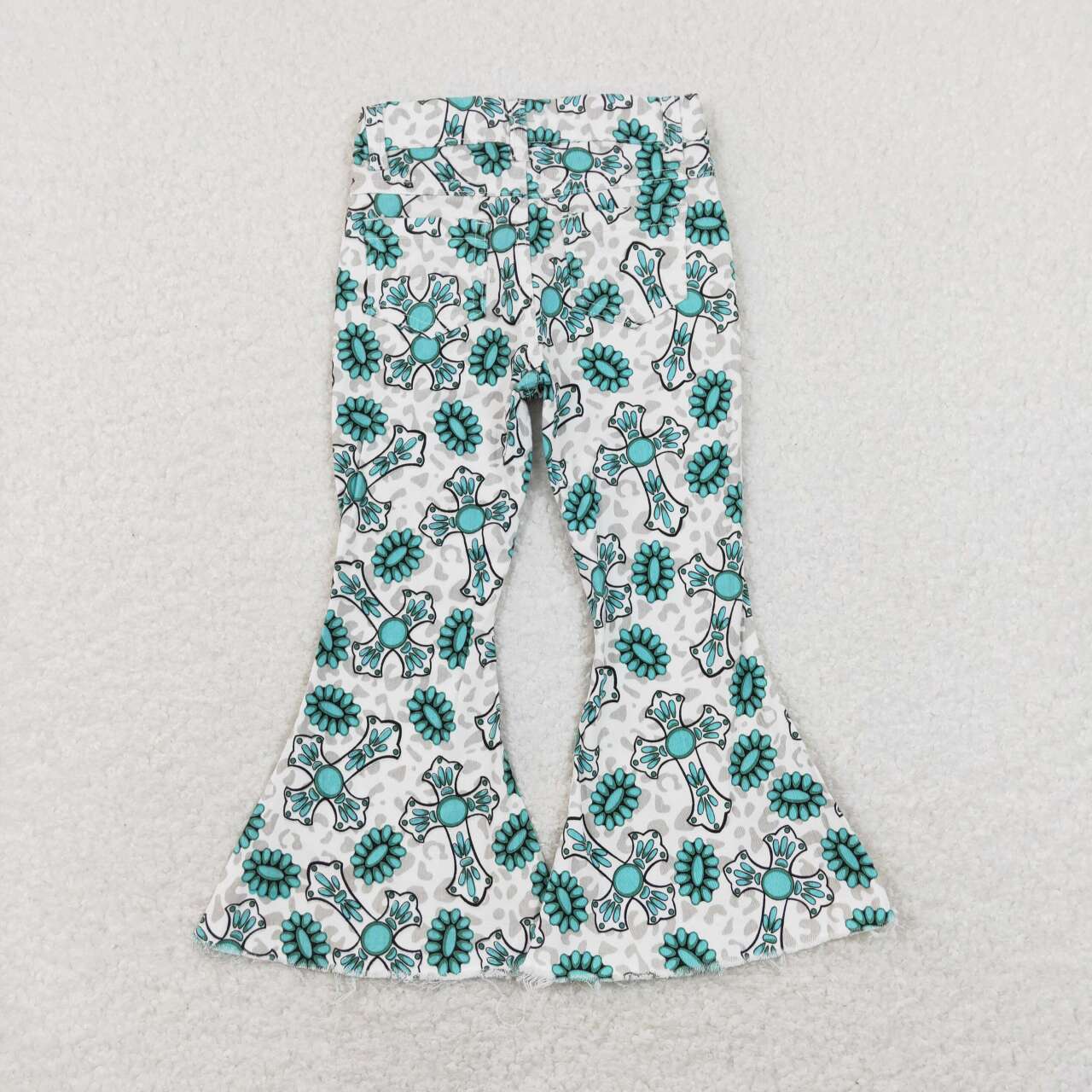Boho Western Cowgirl Bell Bottoms, Turquoise Cross Leopard Print Flare Jeans for Girls
