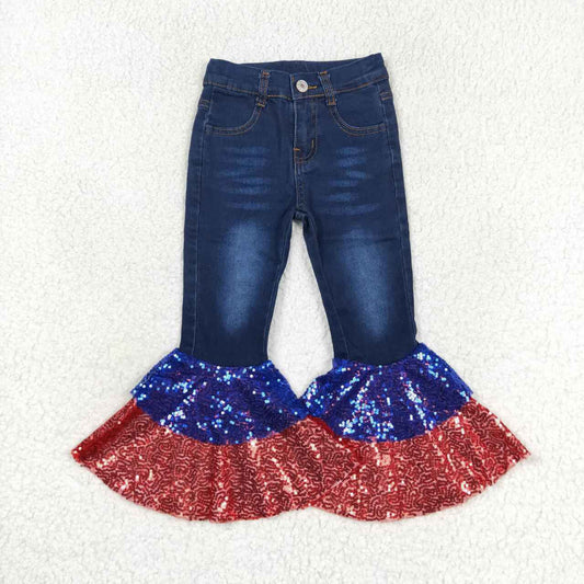 P0430 Patriotic Red Blue Sequins Blue Denim Bell Bottom Jeans Girls Pants