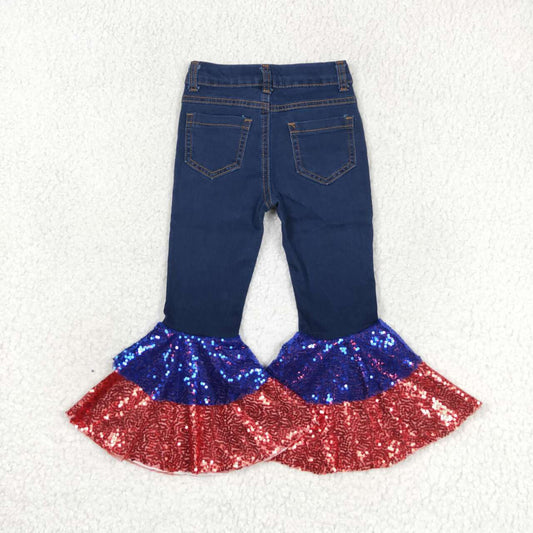 P0430 Patriotic Red Blue Sequins Blue Denim Bell Bottom Jeans Girls Pants
