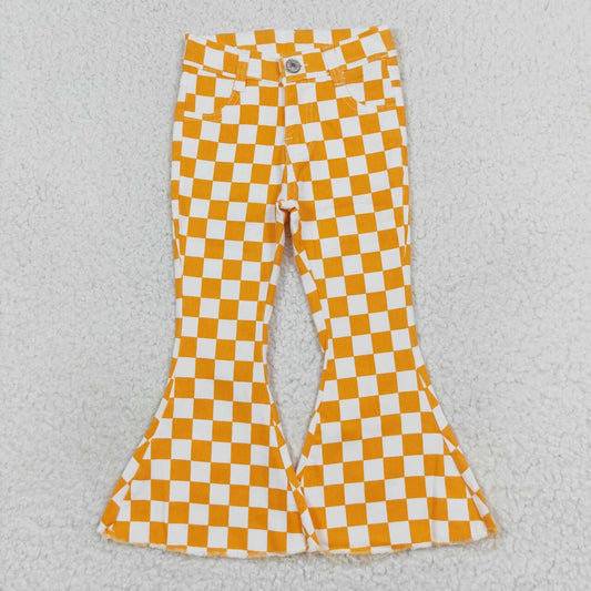 P0468 Toddler Girls Orange Plaid Denim Bell Bottoms Jeans for Kids