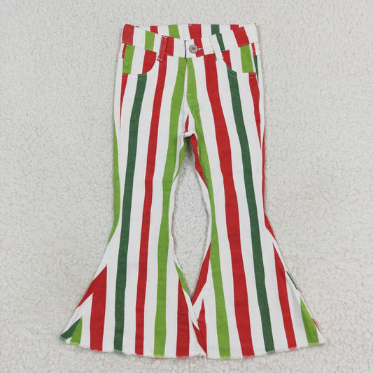 P0484  Red Green Stripes Denim Bell Bottoms Jeans Girls Christmas Pants