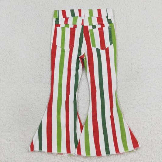 P0484  Red Green Stripes Denim Bell Bottoms Jeans Girls Christmas Pants