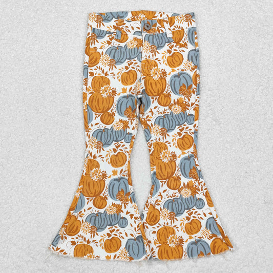 P0487 Pumpkin Flowers Denim Bell Bottoms Jeans Girls Fall Pants