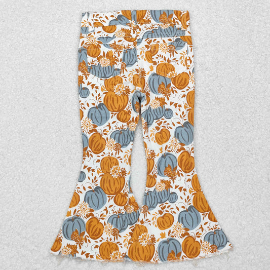 P0487 Pumpkin Flowers Denim Bell Bottoms Jeans Girls Fall Pants