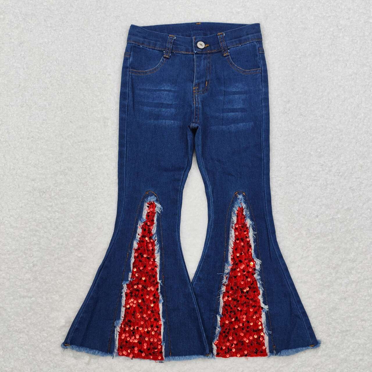 P0532  Blue Denim Red Sequin Bottoms Jeans Girls Christmas Pants
