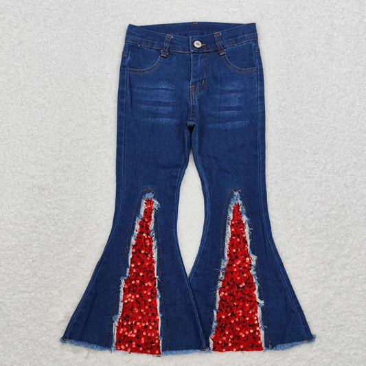 P0532  Blue Denim Red Sequin Bottoms Jeans Girls Christmas Pants
