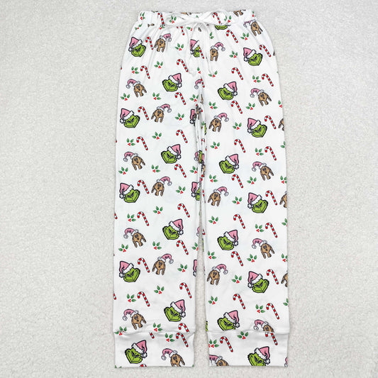 P0536 Adult Green Frog Candy Cane Holly Print Woman Christmas Bottom Pajamas Pants