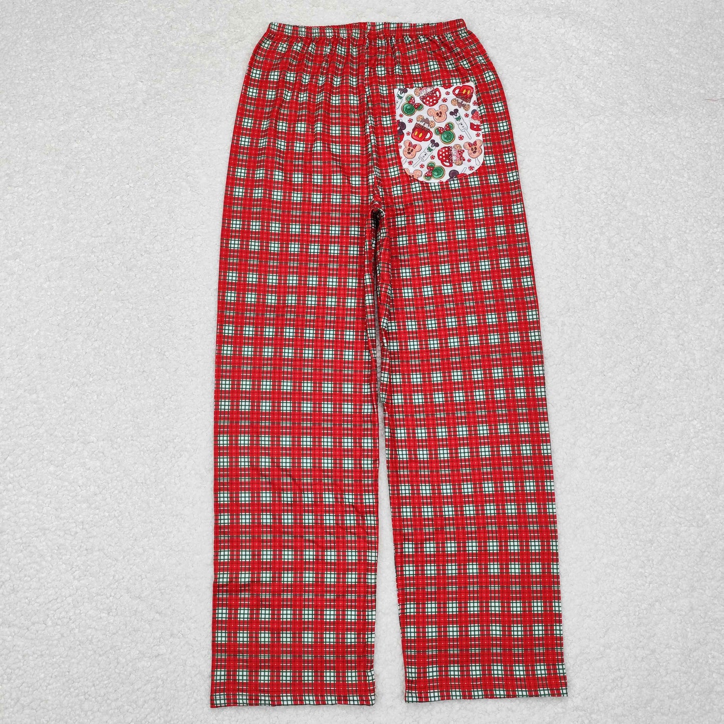 P0569 Adult Cartoon Mouse Cookies Pocket Checkered Print Woman Christmas Bottom Pajamas Pants